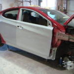 Before and after photographs of a damaged Hyundai Elantra that was repaired by Elite Paint & Body Shop