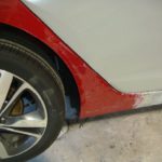 Before and after photographs of a damaged Hyundai Elantra that was repaired by Elite Paint & Body Shop