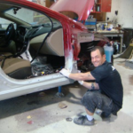 Before and after photographs of a damaged Hyundai Elantra that was repaired by Elite Paint & Body Shop