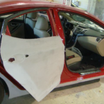 Before and after photographs of a damaged Hyundai Elantra that was repaired by Elite Paint & Body Shop