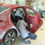 Before and after photographs of a damaged Hyundai Elantra that was repaired by Elite Paint & Body Shop