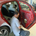 Before and after photographs of a damaged Hyundai Elantra that was repaired by Elite Paint & Body Shop