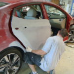 Before and after photographs of a damaged Hyundai Elantra that was repaired by Elite Paint & Body Shop