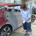 Before and after photographs of a damaged Hyundai Elantra that was repaired by Elite Paint & Body Shop