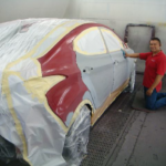 Before and after photographs of a damaged Hyundai Elantra that was repaired by Elite Paint & Body Shop