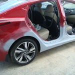 Before and after photographs of a damaged Hyundai Elantra that was repaired by Elite Paint & Body Shop