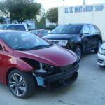 Before and after photographs of a damaged Hyundai Elantra that was repaired by Elite Paint & Body Shop
