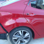 Before and after photographs of a damaged Hyundai Elantra that was repaired by Elite Paint & Body Shop