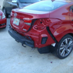 Before and after photographs of a damaged Hyundai Elantra that was repaired by Elite Paint & Body Shop