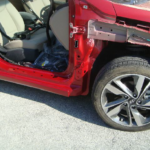 Before and after photographs of a damaged Hyundai Elantra that was repaired by Elite Paint & Body Shop