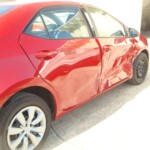 Before and after photographs of a damaged Red Toyota Corolla that was repaired by Elite Paint & Body Shop in West Palm Beach, Florida.