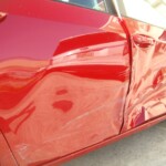 Before and after photographs of a damaged Red Toyota Corolla that was repaired by Elite Paint & Body Shop in West Palm Beach, Florida.