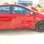 Before and after photographs of a damaged Red Toyota Corolla that was repaired by Elite Paint & Body Shop in West Palm Beach, Florida.