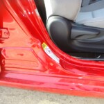 Before and after photographs of a damaged Red Toyota Corolla that was repaired by Elite Paint & Body Shop in West Palm Beach, Florida.