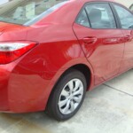 Before and after photographs of a damaged Red Toyota Corolla that was repaired by Elite Paint & Body Shop in West Palm Beach, Florida.