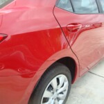Before and after photographs of a damaged Red Toyota Corolla that was repaired by Elite Paint & Body Shop in West Palm Beach, Florida.