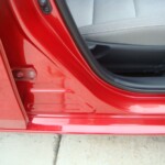 Before and after photographs of a damaged Red Toyota Corolla that was repaired by Elite Paint & Body Shop in West Palm Beach, Florida.