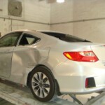 Before and after photographs of a damaged, silver, Honda Accord that was repaired by Elite Paint & Body Shop in West Palm Beach, FL.