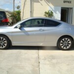 Before and after photographs of a damaged, silver, Honda Accord that was repaired by Elite Paint & Body Shop in West Palm Beach, FL.