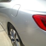 Before and after photographs of a damaged, silver, Honda Accord that was repaired by Elite Paint & Body Shop in West Palm Beach, FL.